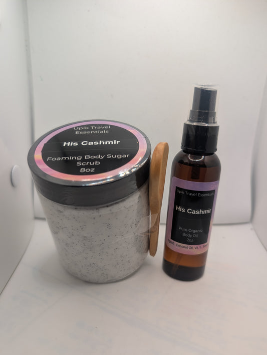 His Cashmir scrub & travel oil